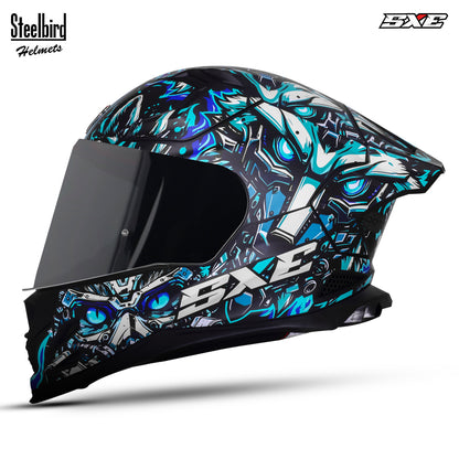 Steelbird SBH-61 SXE X1 Pinlock ISI and Dot Certified Full Face Helmet for Men with Inner Silver Sunshield (Glossy Black Sky Blue with Smoke Visor)
