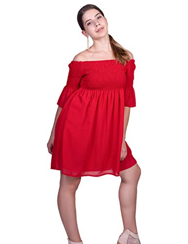 ORZEL Red Smoking Off Shoulder Blouse Dress Latest Stylish Women Western Dresses Above Knee Length (Red)