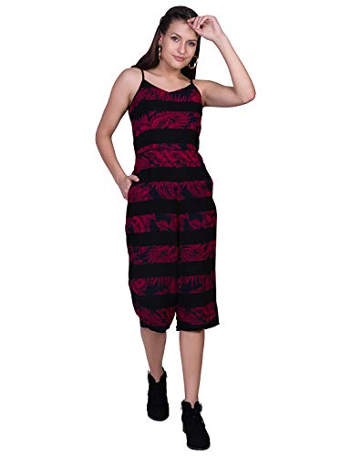 ORZEL Girls/Women’s Floral Print Jump Suit with Two Pockets Sleeveless Calf Length (Black Floral Print)