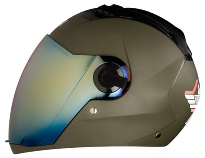 Steelbird SBA-2 7Wings ISI Certified  Full Face Helmet for Men and Women Fitted with Clear Visor (Matt Battle Green with Chrome Gold Visor)