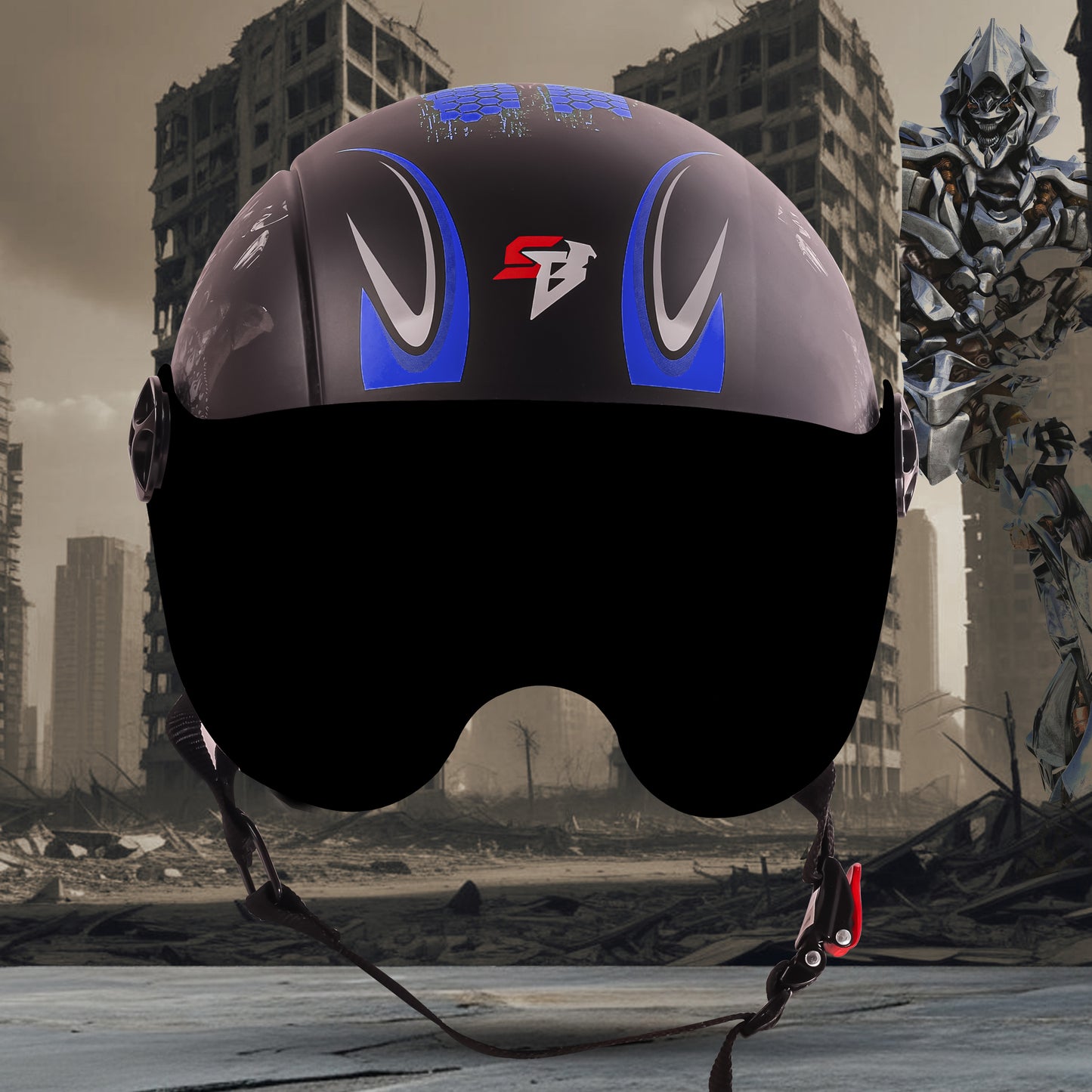 Steelbird SBH-16 Megatron ISI Certified Open Face Graphic Helmet for Men and Women (Glossy Black Dark Blue with Smoke Visor)