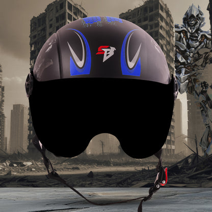 Steelbird SBH-16 Megatron ISI Certified Open Face Graphic Helmet for Men and Women (Glossy Black Dark Blue with Smoke Visor)