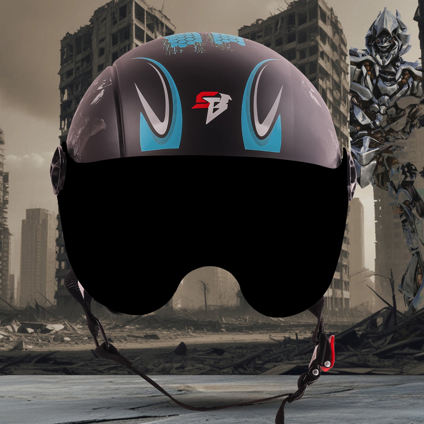 Steelbird SBH-16 Megatron ISI Certified Open Face Graphic Helmet for Men and Women (Glossy Black Light Blue with Smoke Visor)