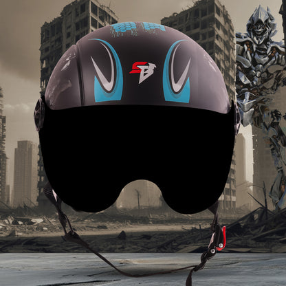 Steelbird SBH-16 Megatron ISI Certified Open Face Graphic Helmet for Men and Women (Glossy Black Light Blue with Smoke Visor)
