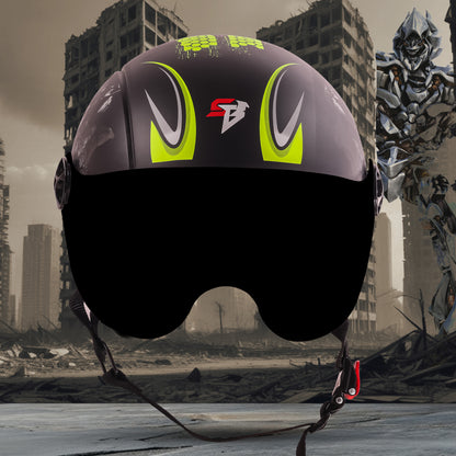 Steelbird SBH-16 Megatron ISI Certified Open Face Graphic Helmet for Men and Women (Glossy Black Neon with Smoke Visor)