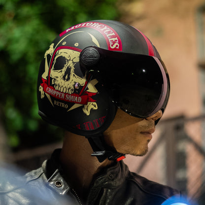 Steelbird SBH-54 Chopper Squad ISI Certified Open Face Helmet for Men and Women (Glossy Black Red)