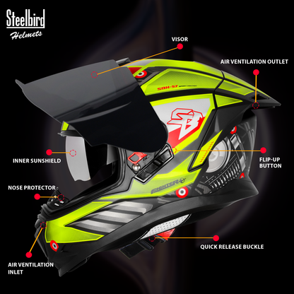 Steelbird SBH-57 Fighter F8 ISI and DOT Certified Full Face Graphic Helmet for Men and Women with Inner Silver Sun Shield (Glossy Black Neon)