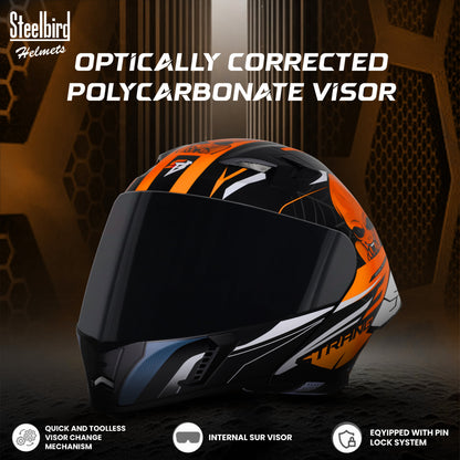 Steelbird SBA-20 Strange ISI Certified Flip-Up Graphic Helmet for Men and Women (Glossy Black Orange with Smoke Visor)