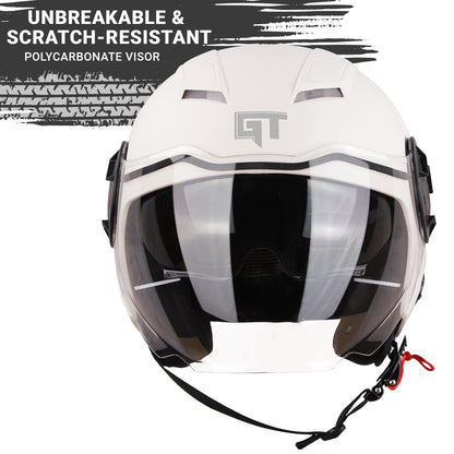 Steelbird SBH-31 GT Dashing ISI Certified Open Face Helmet for Men and Women with Inner Sun Shield ( Dual Visor Mechanism ) (Dashing White)