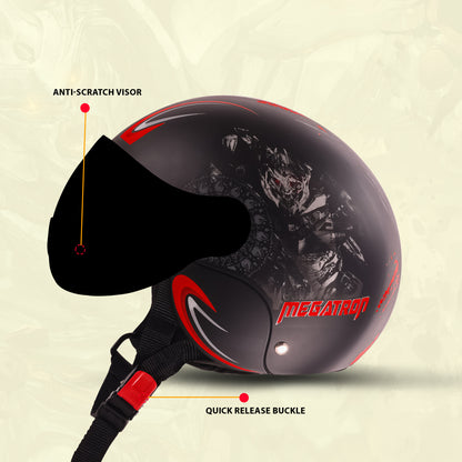 Steelbird SBH-16 Megatron ISI Certified Open Face Graphic Helmet for Men and Women (Glossy Black Red with Smoke Visor)