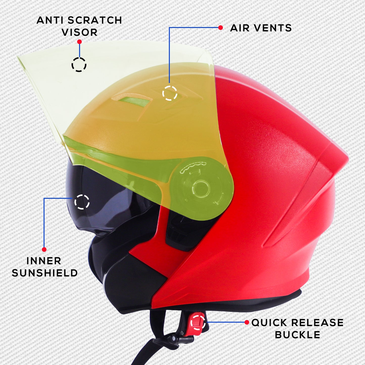 Steelbird SBA-17 7Wings ISI Certified Open Face Helmet for Men and Women with Inner Smoke Sun Shield (Dashing Red with Tinted Yellow Visor)