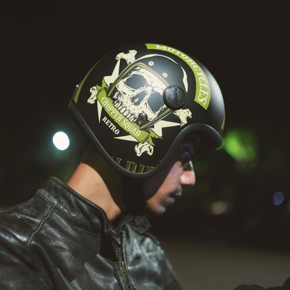 Steelbird SBH-55 Chopper Squad ISI Certified Open Face Helmet for Men and Women (Glossy Black Neon)