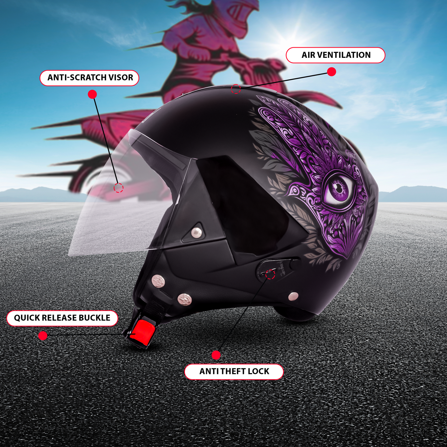 SBH-5 Hamsa Eye Graphic Helmet ISI Certified Open Face Helmet for Women (Glossy Black Pink)