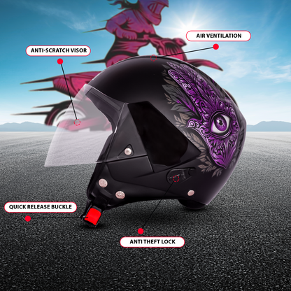 SBH-5 Hamsa Eye Graphic Helmet ISI Certified Open Face Helmet for Women (Glossy Black Pink)