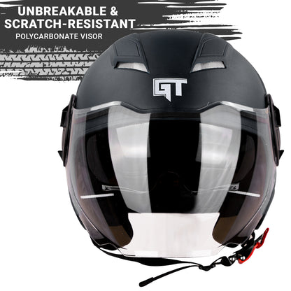 Steelbird SBH-31 GT Dashing ISI Certified Open Face Helmet for Men and Women with Inner Sun Shield ( Dual Visor Mechanism ) (Dashing Black)