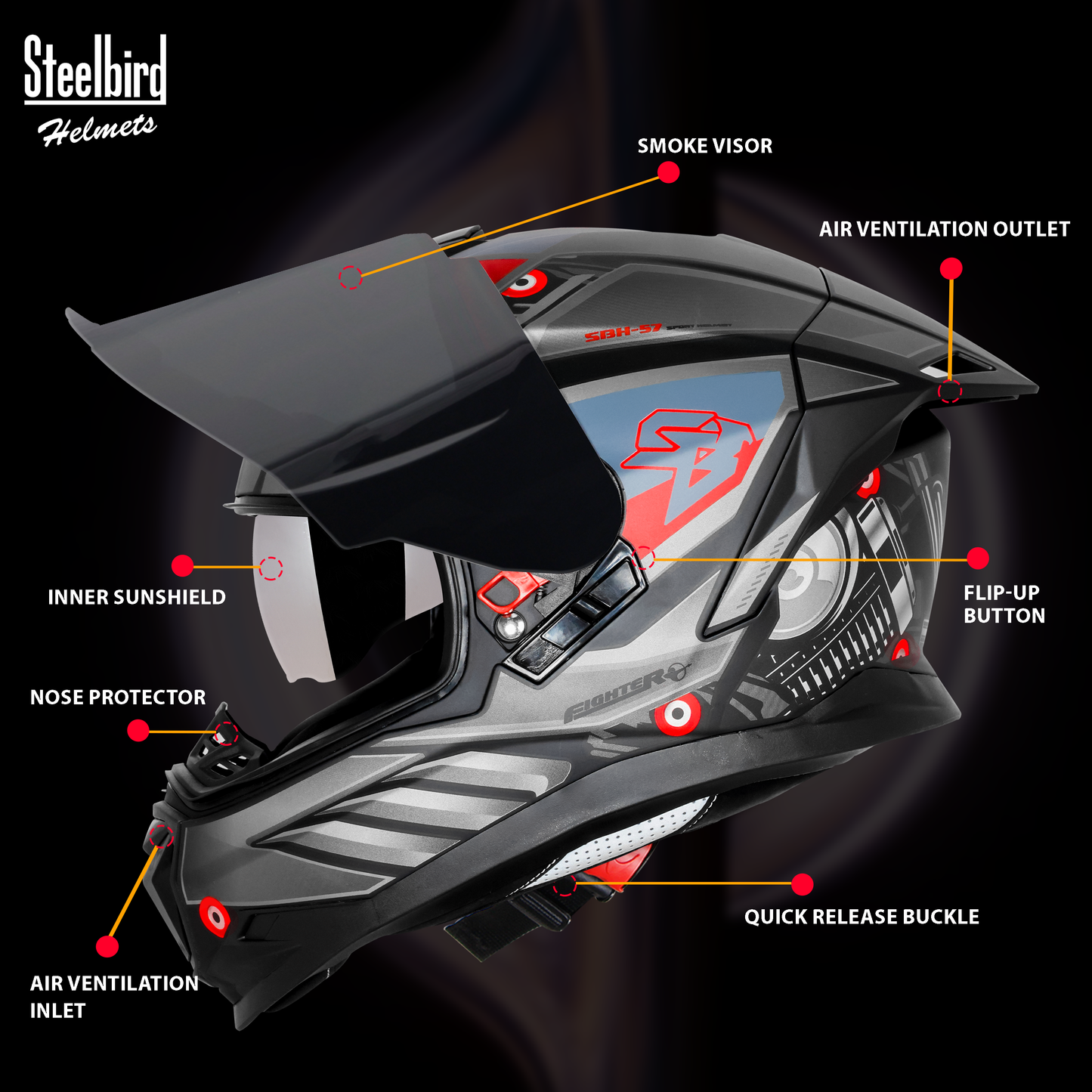 Steelbird SBH-57 Fighter F8 ISI and DOT Certified Full Face Graphic Helmet for Men and Women with Inner Silver Sun Shield (Glossy Black Grey)