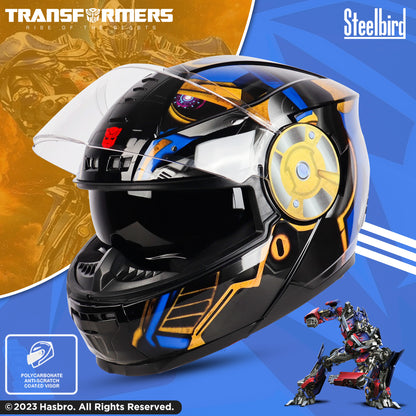 Steelbird SBH-40 Transformers Optimus Prime ISI Certified Full Face Graphic Helmet for Men and Women with Inner Smoke Sun Shield (Matt Black Gold)