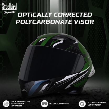 Steelbird SBA-20 Strange ISI Certified Flip-Up Graphic Helmet for Men and Women with Inner Silver Sun Shield (Glossy Black Battle Green with Smoke Visor)