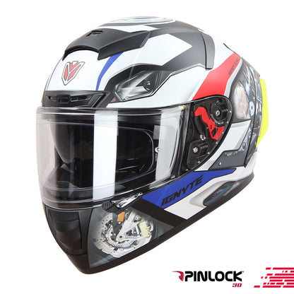 Ignyte IGN-4 Machine ISI/DOT Certified Full Face Graphic Helmet with Outer Anti-Fog Clear Visor and Inner Smoke Sun Shield (Matt White Blue)
