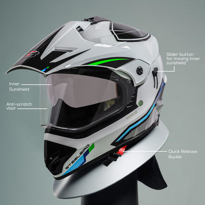 Steelbird Racer Off Road ISI Certified Motocross Double Visor Full Face Graphic Helmet Outer Clear Visor and Inner Silver Sun Shield (Glossy White Green)