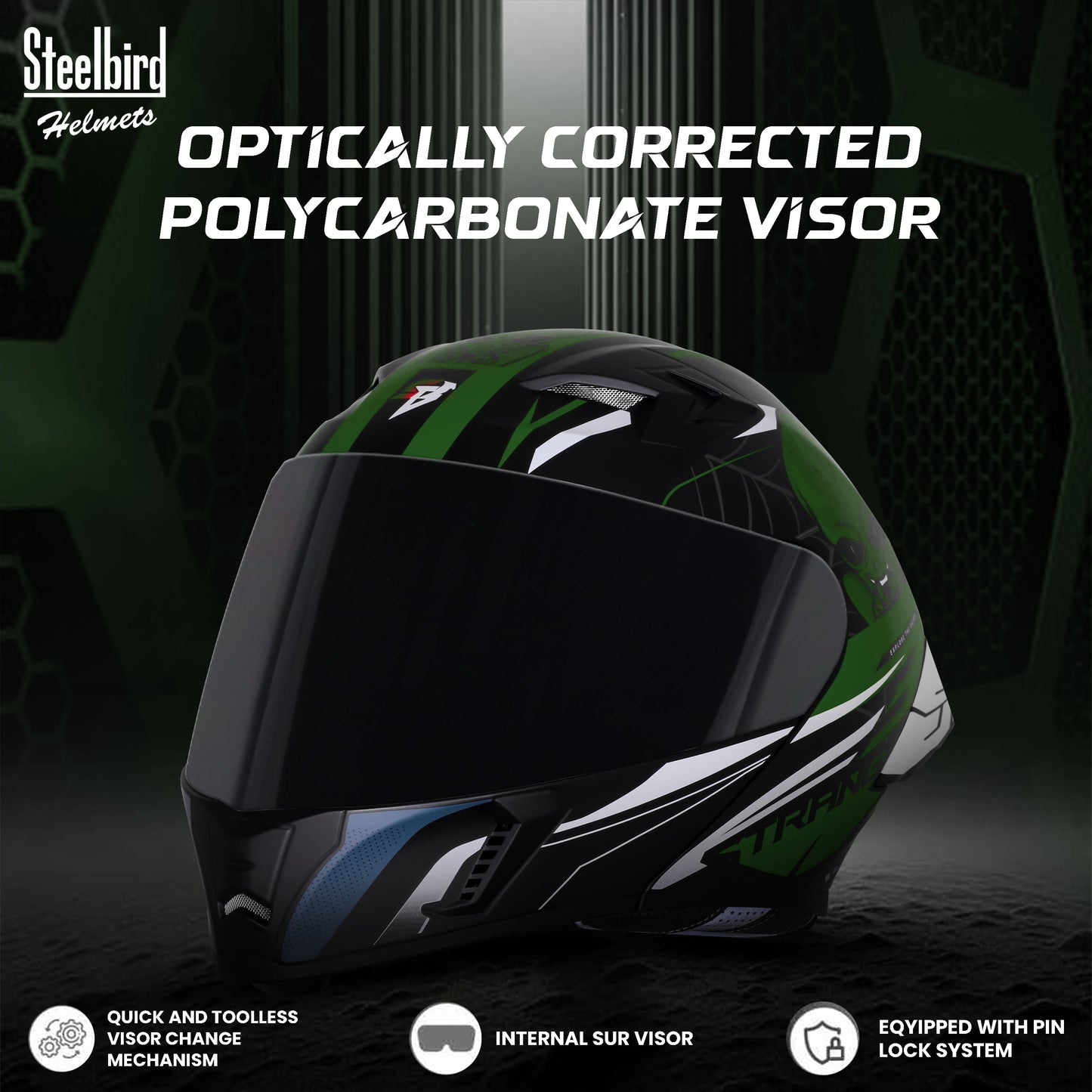 Steelbird SBA-20 Strange ISI Certified Flip-Up Graphic Helmet for Men and Women (Glossy Black Battle Green with Smoke Visor)