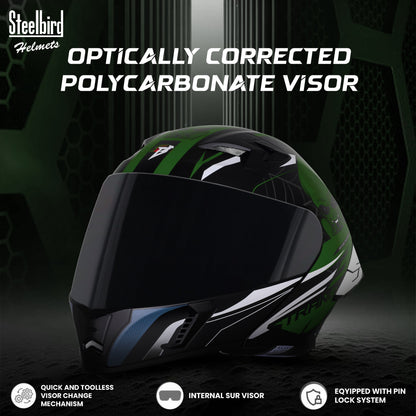 Steelbird SBA-20 Strange ISI Certified Flip-Up Graphic Helmet for Men and Women (Glossy Black Battle Green with Smoke Visor)