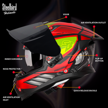 Steelbird SBH-57 Fighter F8 ISI and DOT Certified Full Face Graphic Helmet for Men and Women with Inner Silver Sun Shield (Glossy Black Red)