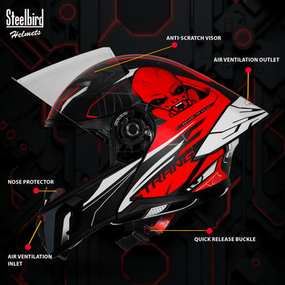 Steelbird SBA-20 Strange ISI Certified Flip-Up Graphic Helmet for Men and Women (Glossy Black Red)