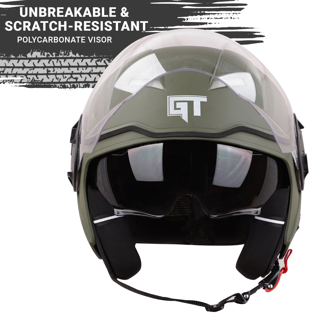 Steelbird GT Dashing ISI Certified Open Face Helmet for Men and Women with Inner Sun Shield ( Dual Visor Mechanism ) (Dashing Battle Green)