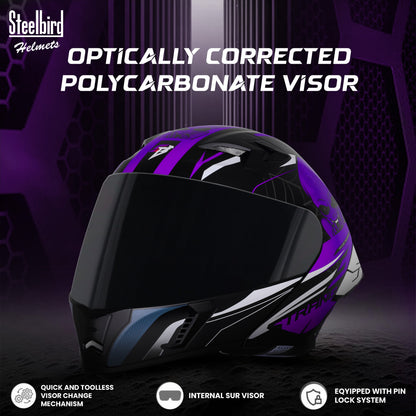 Steelbird SBA-20 Strange ISI Certified Flip-Up Graphic Helmet for Men and Women (Glossy Black Purple with Smoke Visor)