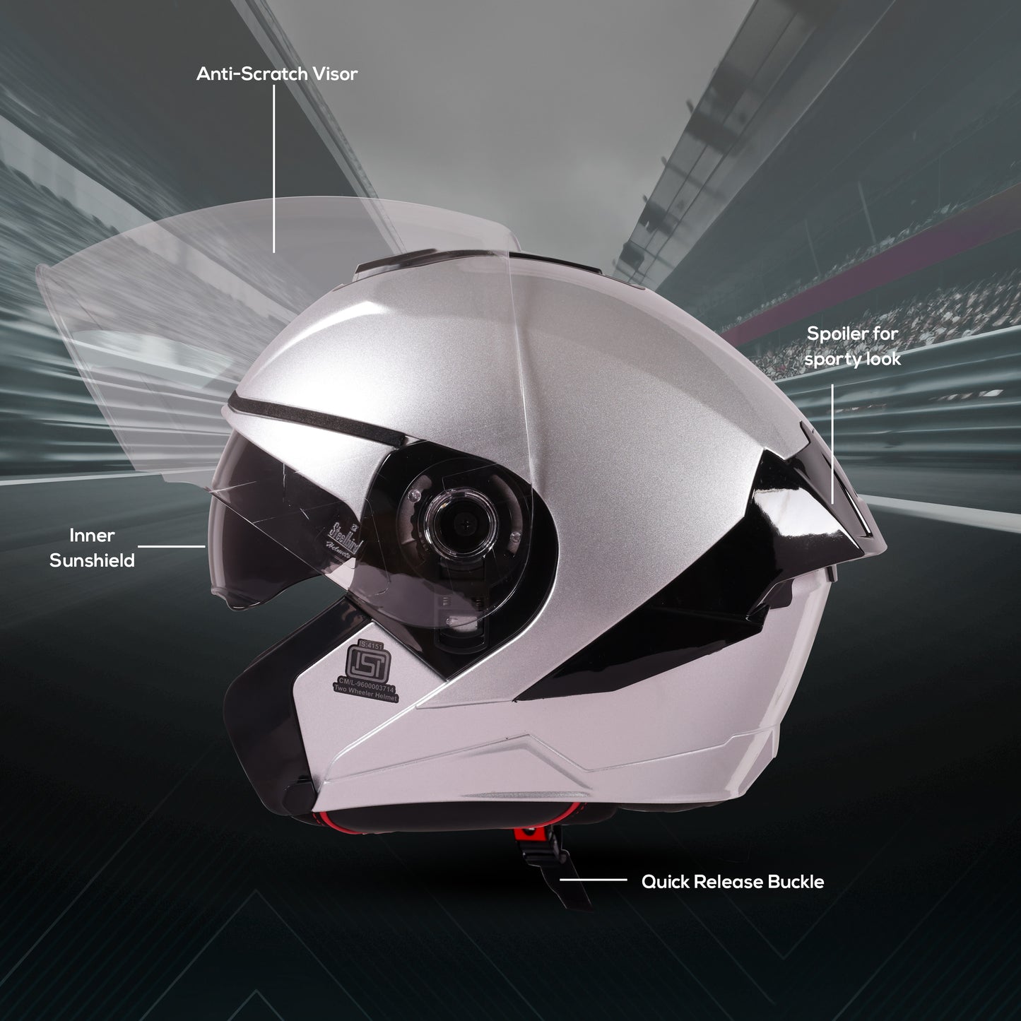 Steelbird SBA-10 7Wings ISI Certified Open Face Helmet for Men and Women with Inner Smoke Sun Shield (Glossy Silver)