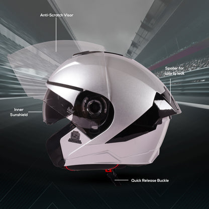 Steelbird SBA-10 7Wings ISI Certified Open Face Helmet for Men and Women with Inner Smoke Sun Shield (Glossy Silver)