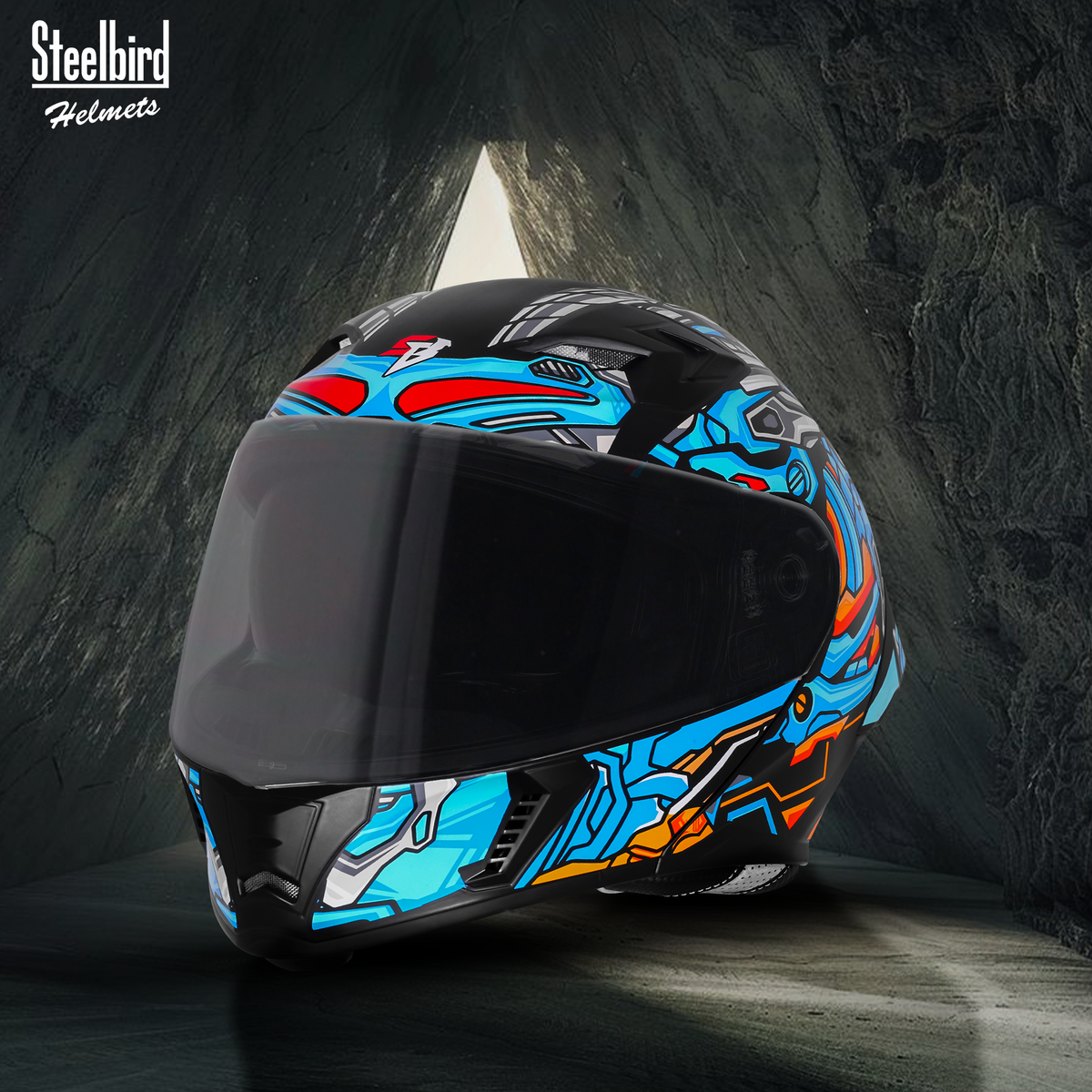 Steelbird SBA-20 ROBO ISI Certified Flip-Up Graphic Helmet for Men with Inner Sun Shield (Glossy Black Jazz Blue with Smoke Visor)