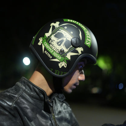 Steelbird SBH-55 Chopper Squad ISI Certified Open Face Helmet for Men and Women (Glossy Black Green)