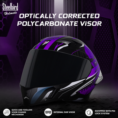 Steelbird SBA-20 Strange ISI Certified Flip-Up Graphic Helmet for Men and Women with Inner Silver Sun Shield (Glossy Black Purple with Smoke Visor)