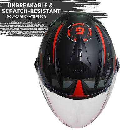 Steelbird SBA-6 7Wings Gravity ISI Certified Open Face Graphic Helmet for Men and Women (Matt Black Red with Clear Visor)