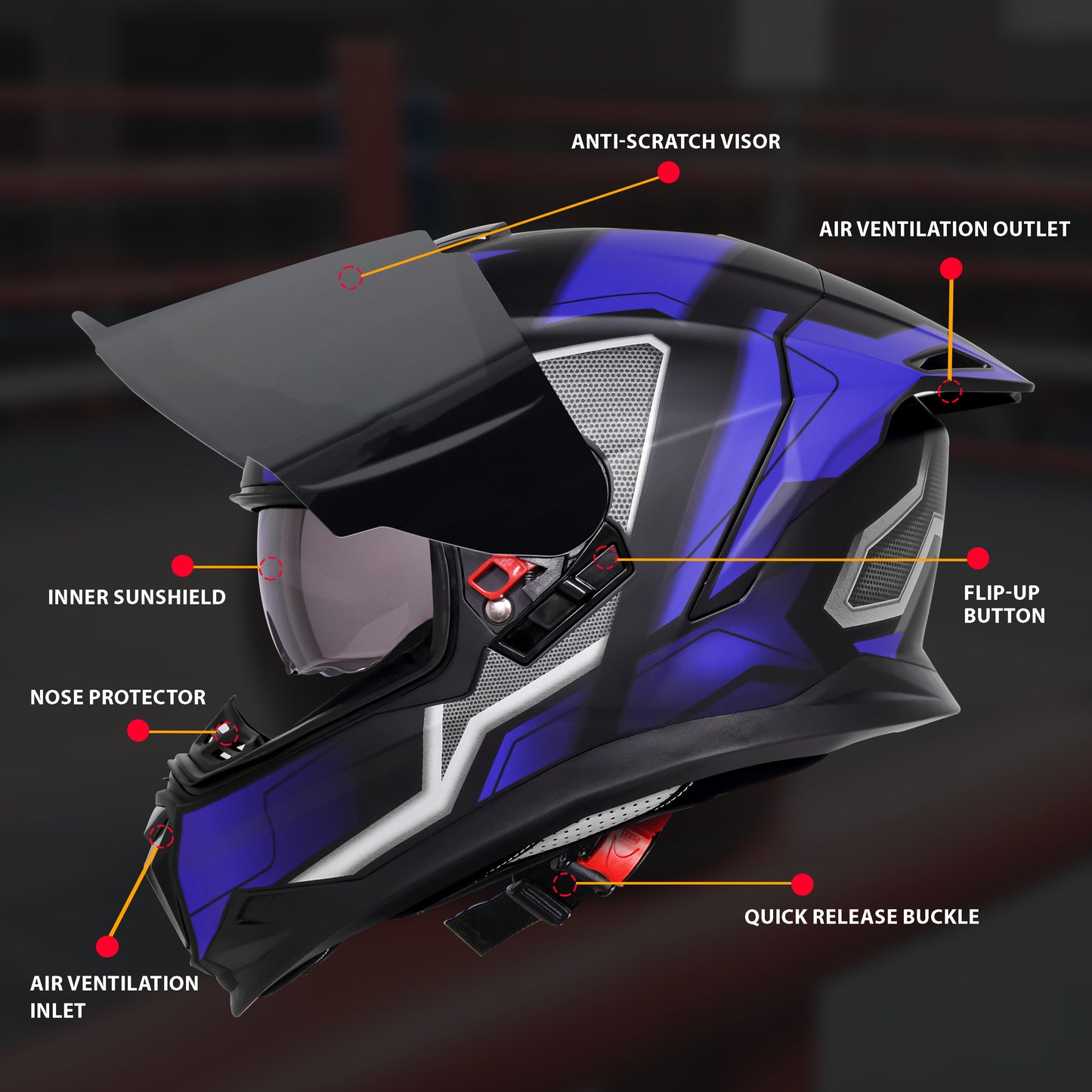 Steelbird SBH-57 Fighter F3 ISI and DOT Certified Full Face Helmet for Men and Women with Inner Silver Sun Shield (Glossy Black Blue)