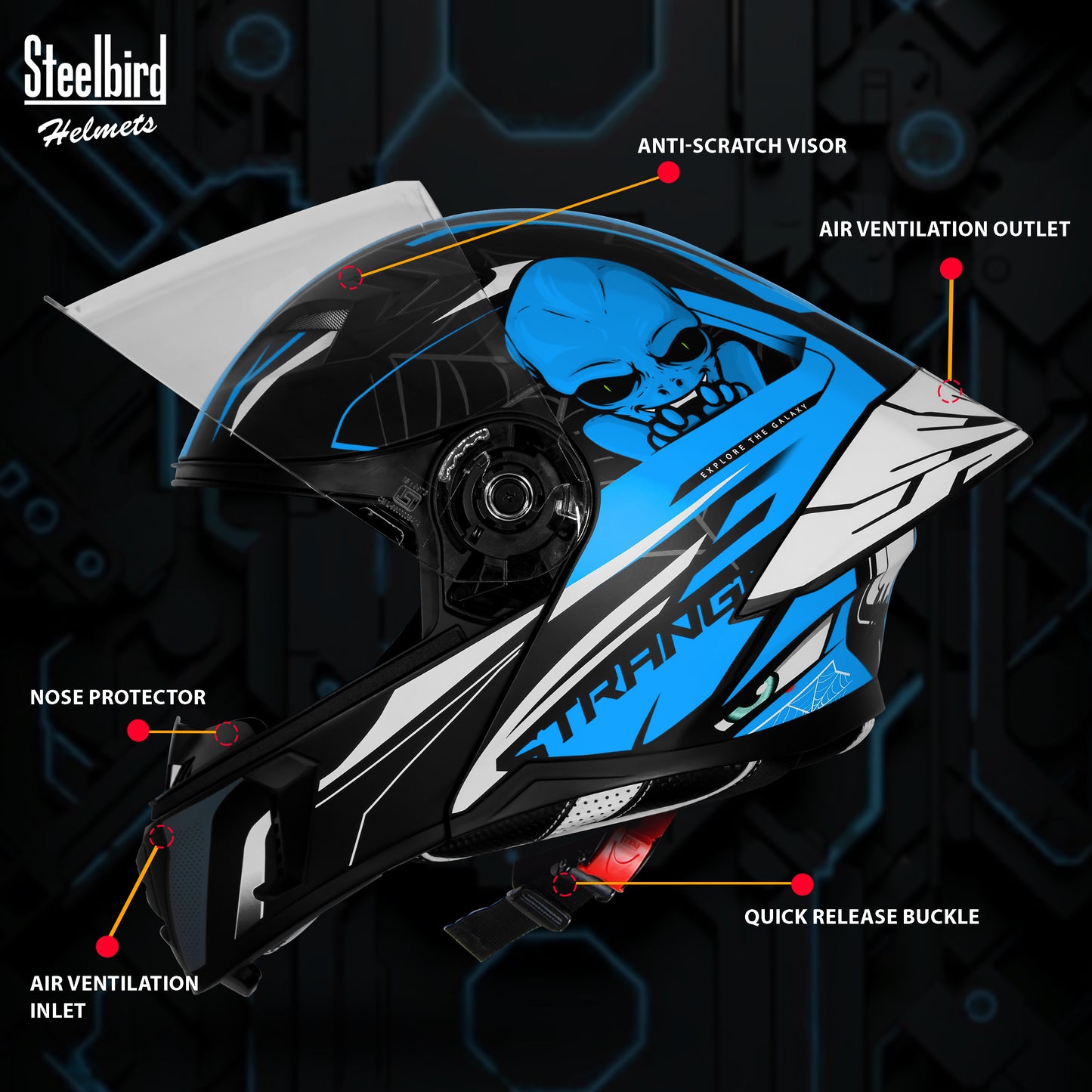 Steelbird SBA-20 Strange ISI Certified Flip-Up Graphic Helmet for Men and Women (Glossy Black Jazz Blue)