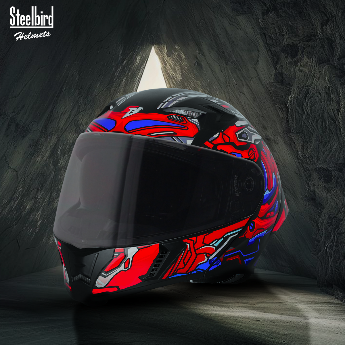 Steelbird SBA-20 ROBO ISI Certified Flip-Up Graphic Helmet for Men with Inner Sun Shield (Glossy Black Red with Smoke Visor)