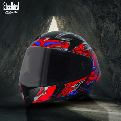 Steelbird SBA-20 ROBO ISI Certified Flip-Up Graphic Helmet for Men with Inner Sun Shield (Glossy Black Red with Smoke Visor)