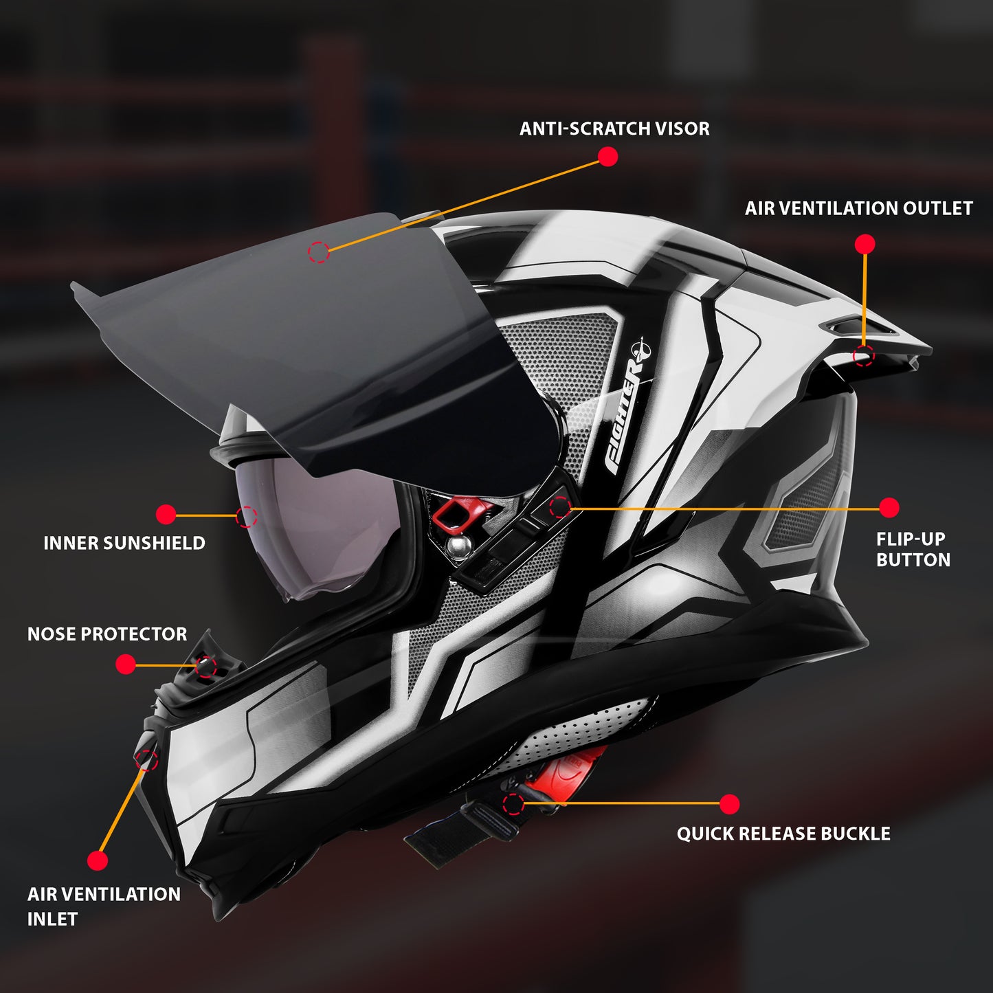 Steelbird SBH-57 Fighter F3 ISI and DOT Certified Full Face Helmet for Men and Women with Inner Silver Sun Shield (Glossy Black White)