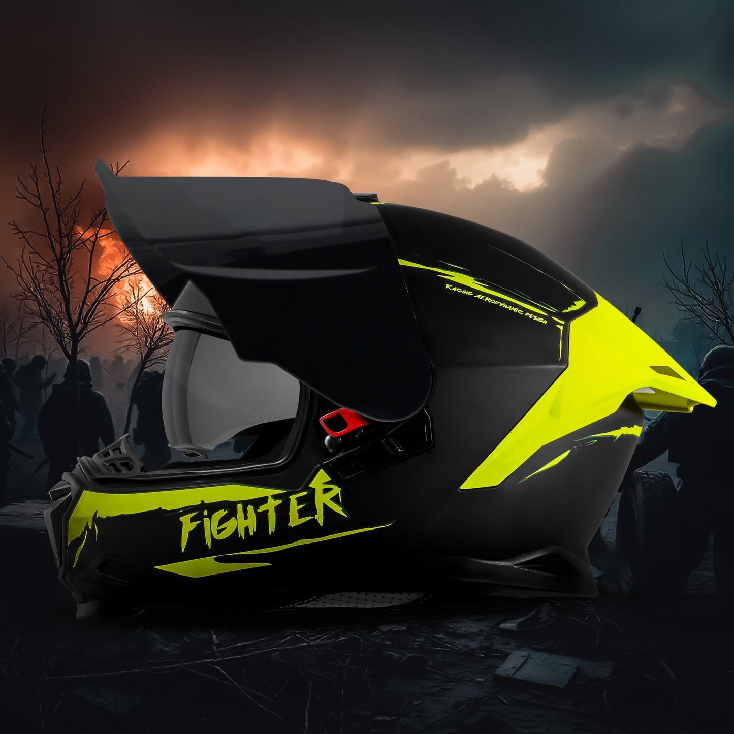 Steelbird SBH-57 Fighter F2 ISI and DOT Certified Full Face Helmet for Men and Women With Inner Silver Sun Shield (Glossy Black Neon) .