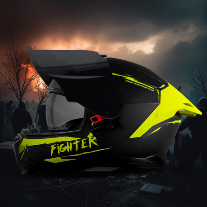 Steelbird SBH-57 Fighter F2 ISI and DOT Certified Full Face Helmet for Men and Women With Inner Silver Sun Shield (Glossy Black Neon) .