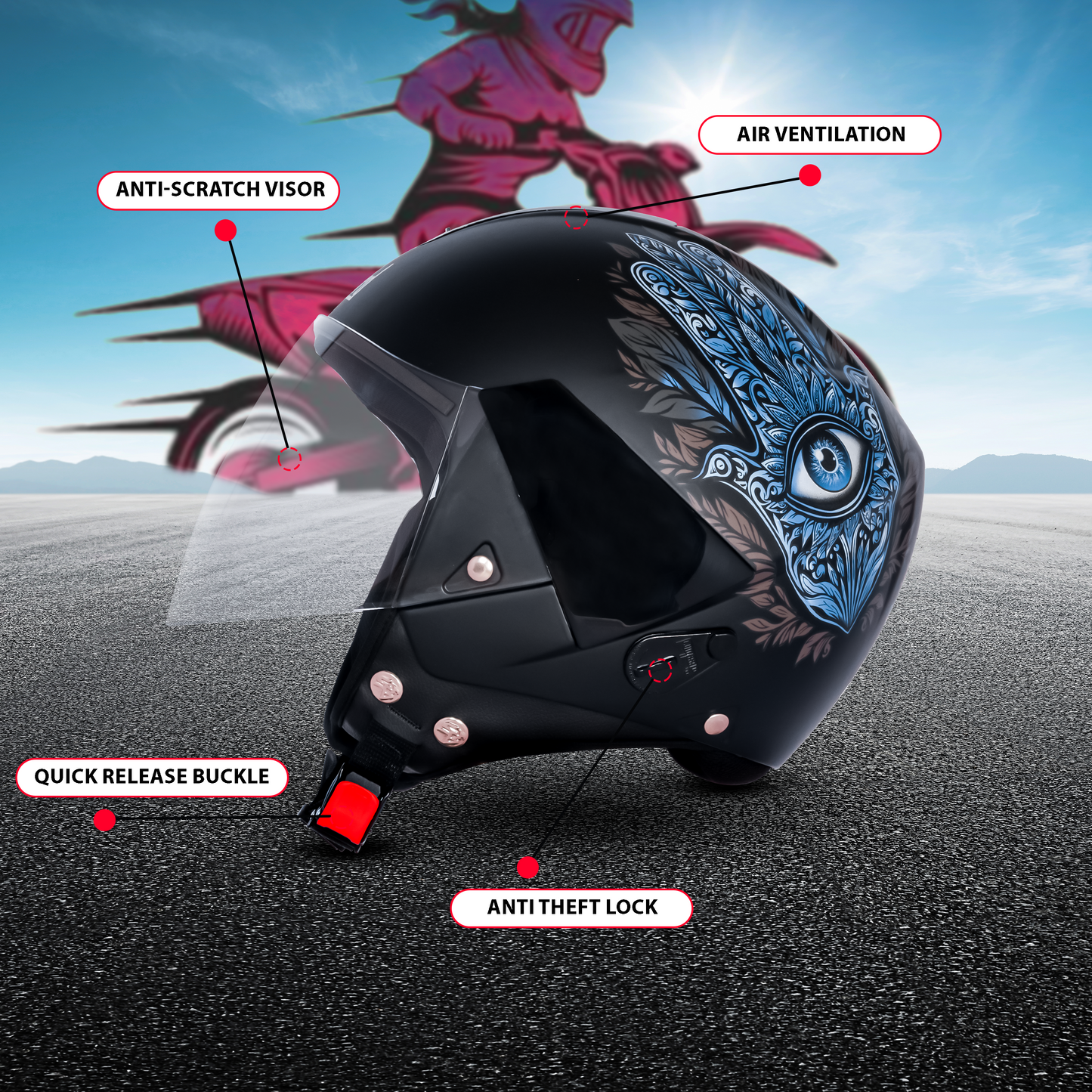 SBH-5 Hamsa Eye Graphic Helmet ISI Certified Open Face Helmet for Women (Glossy Black Blue)