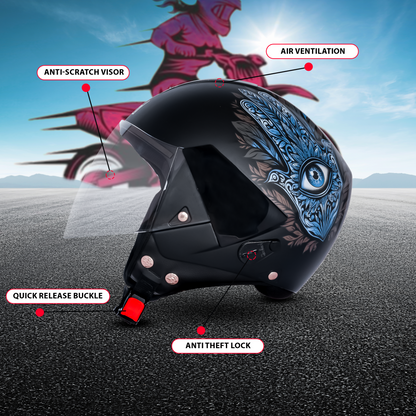 SBH-5 Hamsa Eye Graphic Helmet ISI Certified Open Face Helmet for Women (Glossy Black Blue)
