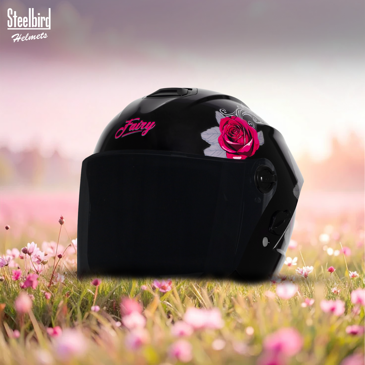 Steelbird SBH-80 Fairy FR1 ISI Certified Open Face Graphic Helmet for Women (Glossy Black Pink Rose with Smoke Visor)