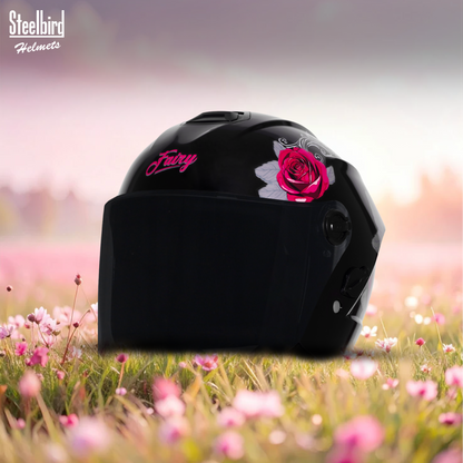 Steelbird SBH-80 Fairy FR1 ISI Certified Open Face Graphic Helmet for Women (Glossy Black Pink Rose with Smoke Visor)
