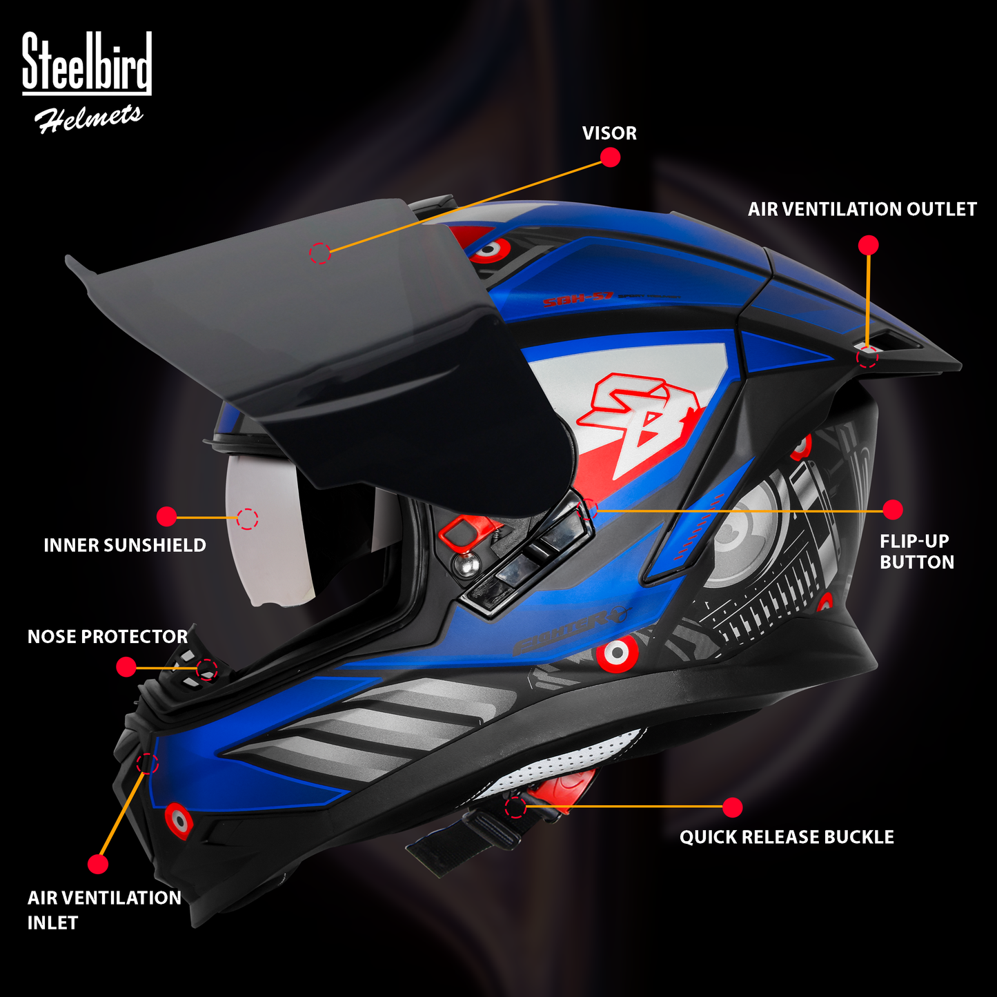 Steelbird SBH-57 Fighter F8 ISI and DOT Certified Full Face Graphic Helmet for Men and Women with Inner Silver Sun Shield (Glossy Black Blue)