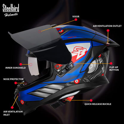 Steelbird SBH-57 Fighter F8 ISI and DOT Certified Full Face Graphic Helmet for Men and Women with Inner Silver Sun Shield (Glossy Black Blue)