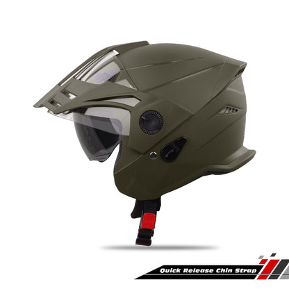 Steelbird SBH-23 GT Plus Open Face ISI Certified Helmet for Men and Women with Inner Sun Shield (Dashing Battle Green)